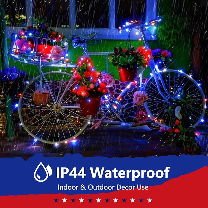 66Ft 200 LED Red White and Blue Fairy Lights Plug in, July 4th Waterproof - Image 2