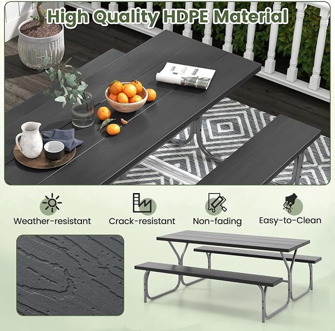Giantex 6FT Picnic Table Bench Set Outdoor Camping All Weather Metal Base - Image 6