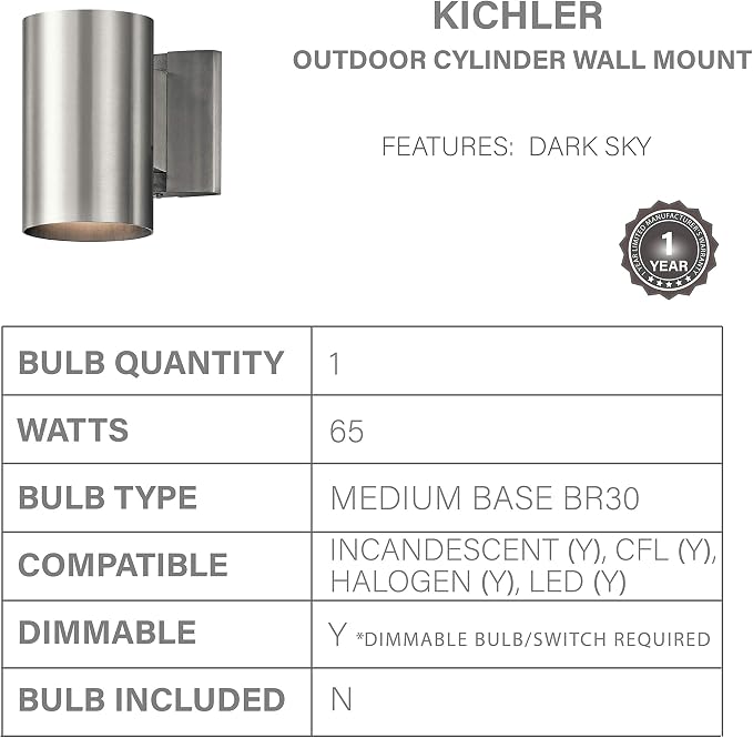 Kichler 9234BA Outdoor Cylinder Wall Mount Sconce DownLight, Brushed Aluminum - Image 3