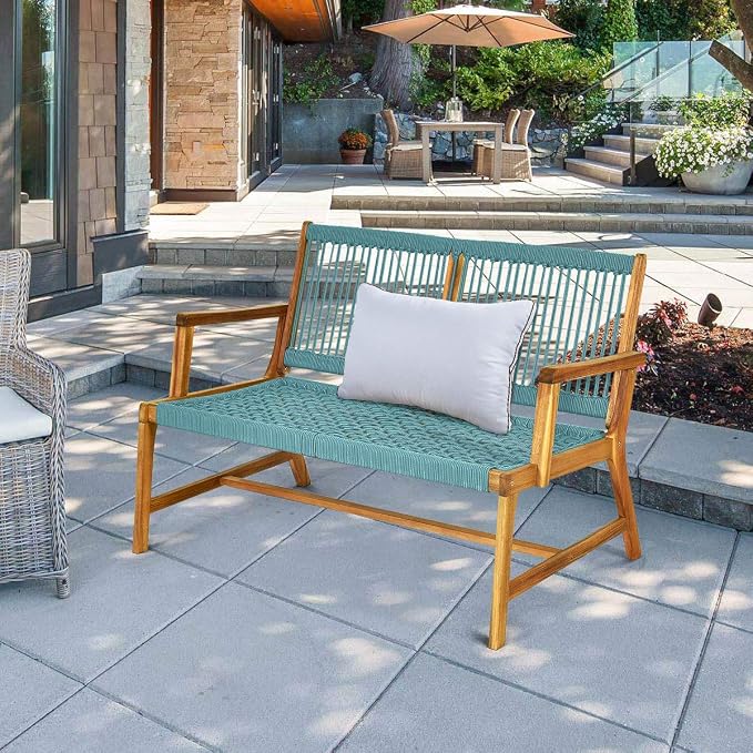 Tangkula 2-Person Patio Acacia Wood Bench Loveseat Chair, Outdoor Patio Acacia - Image 2