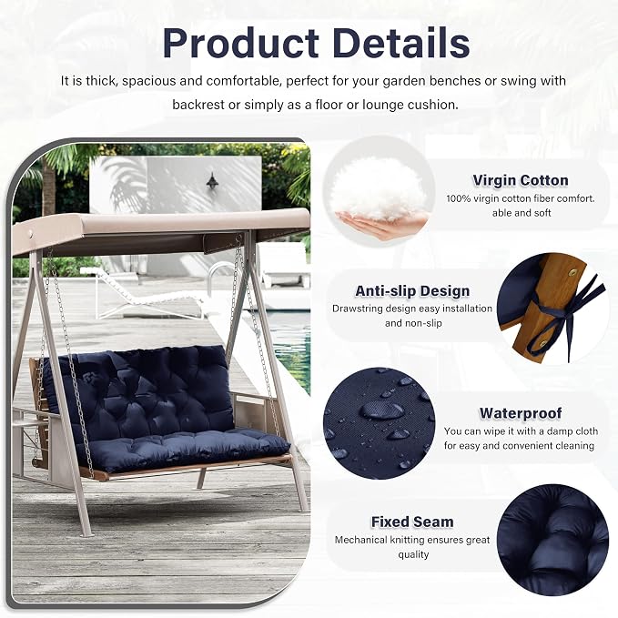 Porch Swing Cushion with Backrest, Waterproof Bench Cushion - Image 3