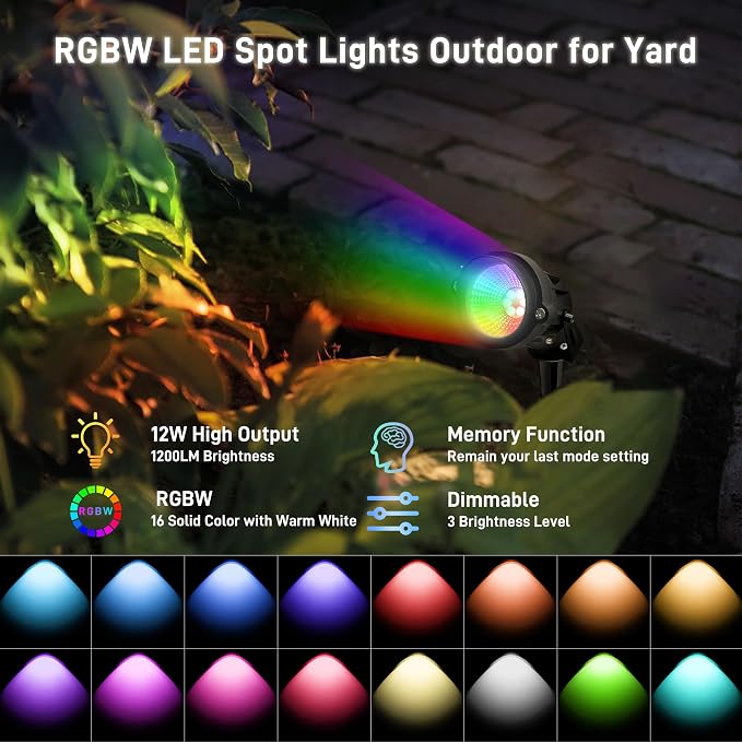 12W RGBW Color Changing Landscape Spotlights, 110V Plug-in Outdoor LED Spot - Image 2