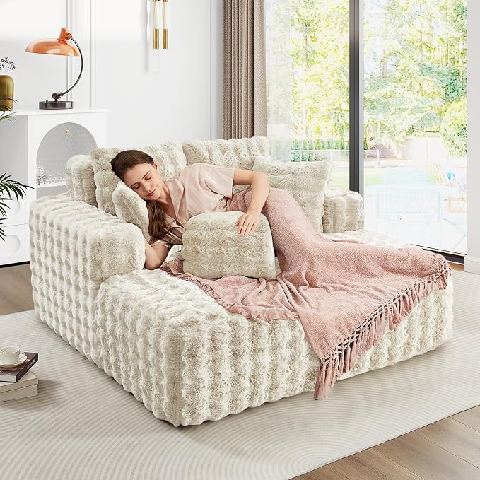 56" W Oversized Chaise Lounge Chair Indoor, Plush Faux Fur Sleeper Couch Sofa - Image 6
