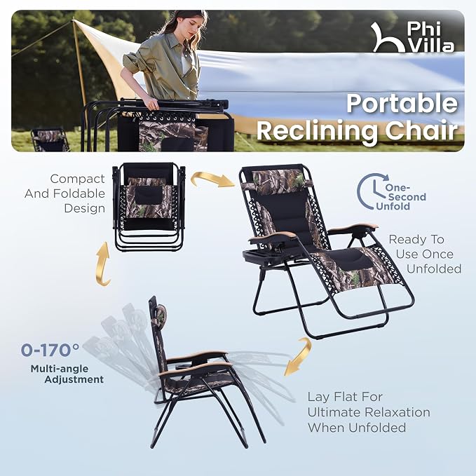 PHI VILLA XXL Oversized Padded Zero Gravity Chair, Foldable Patio Recliner - Image 9