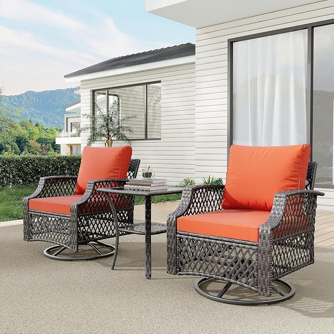 HOMREST 3 Piece Outdoor Swivel Chair Set, Wicker Patio Bistro Set by HOMREST