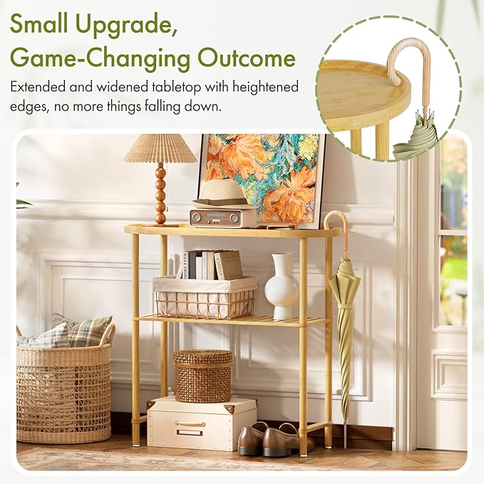 Small Entryway Table Bamboo 30.7", Narrow Hallway Table Oval Top 2-tier - Image 3