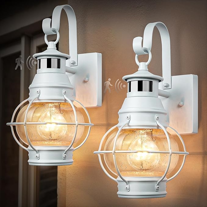 Lamomo 2-Pack White Motion Sensor Outdoor Light – Modern Farmhouse Porch Fixture by Lamomo