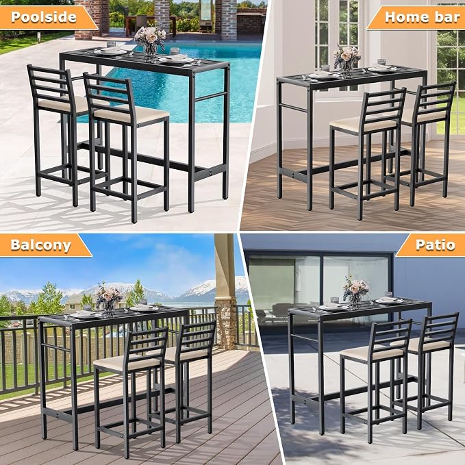 3 Piece Outdoor Patio Bar Set, 2 Cushioned 41" Bar Stools Modern Metal Outdoor - Image 7