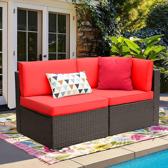 Devoko 2-Piece Modern Red Rattan & Metal Patio Sofa Set - Image 2