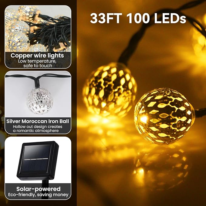 33FT 100LED Solar String Lights Outdoor Waterproof, Globe Solar Fairy Lights - Image 2