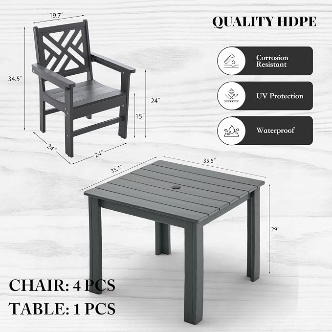 HDPE Outdoor Dining Set, 5-Piece Outdoor Table and Chairs Include 4 Armchair - Image 2