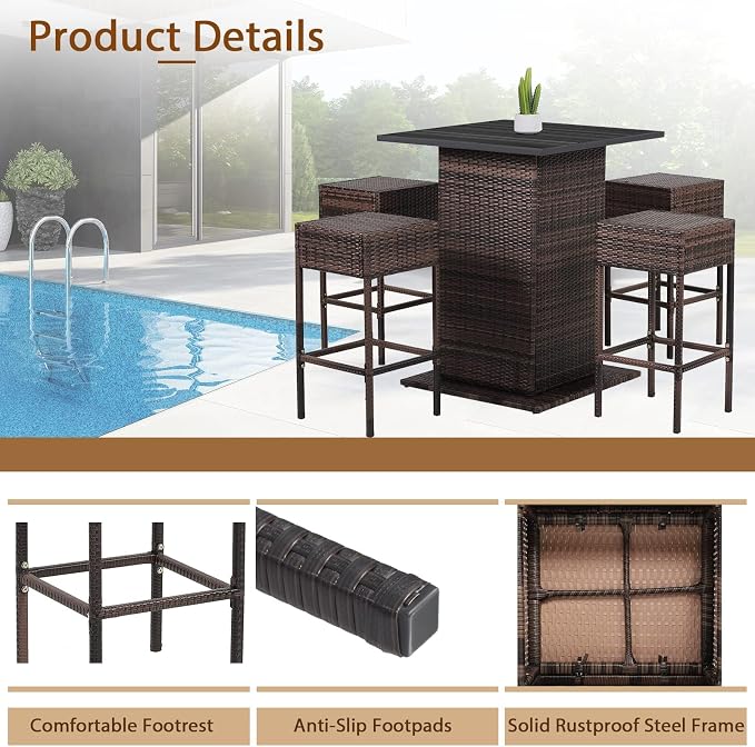 HAPPYGRILL 5 Pieces Rattan Bar Set, Outdoor Wicker Bar Table and 4 Bar Stools - Image 7