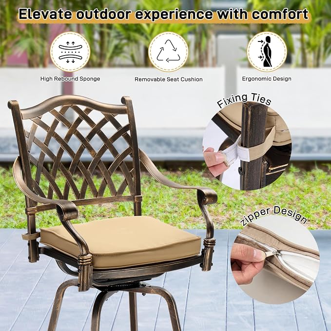 Outvita Outdoor Patio Swivel Bar Stools Set of 2, All-Weather Cast Aluminum Bar - Image 3