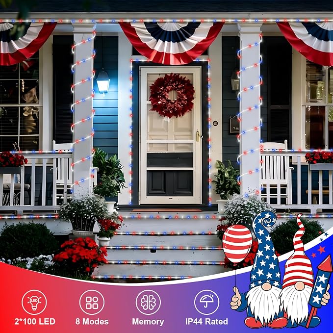 QITONG Red White Blue Solar Rope Lights, 2 Pack Each 33ft 100 LED 4th of July - Image 2