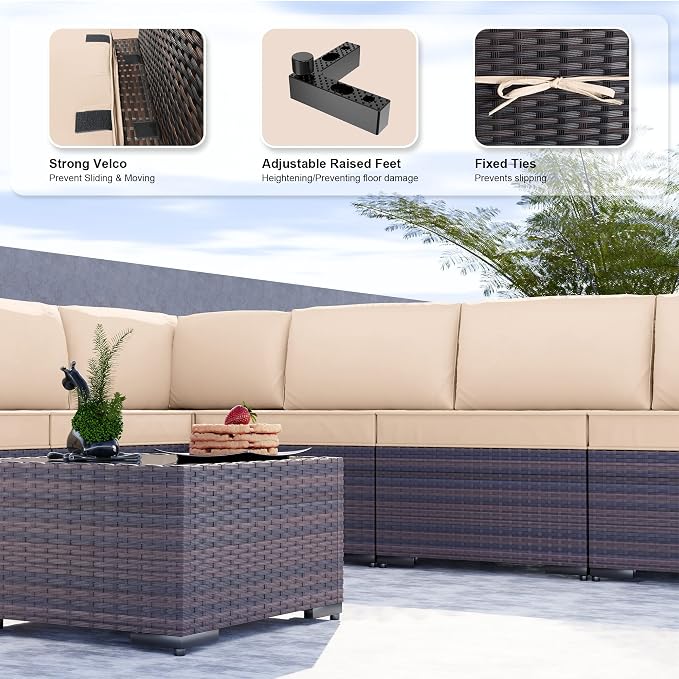 Kullavik 9 Pieces Outdoor Patio Furniture Set PE Wicker Rattan Sectional Sofa - Image 3
