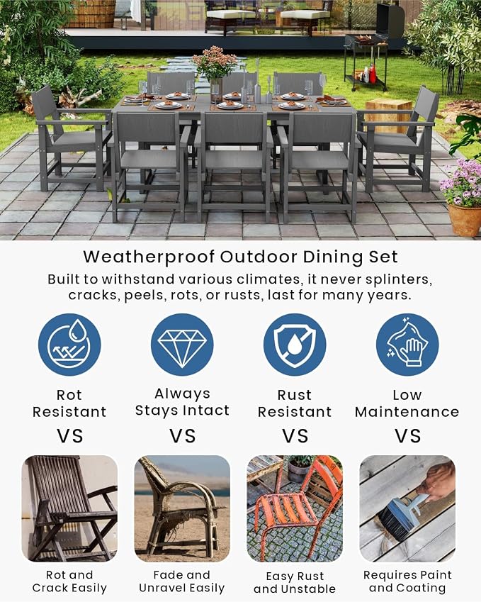 9-Piece Outdoor Dining Set, HDPE Weatherproof Patio Table and Chairs Set - Image 3
