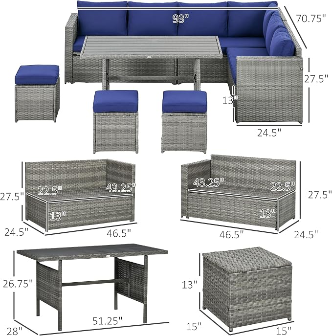 Outsunny Wicker Outdoor Patio Furniture Set, L-Shaped 7 Piece Outdoor Dining - Image 7