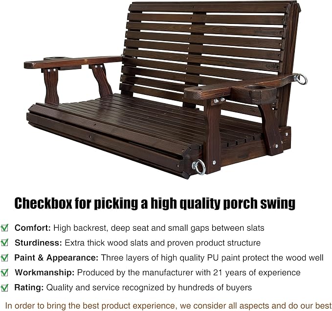 Wooden Porch Swing 2-Seater, High Backrest and Deep Seat, Bench Swing - Image 3