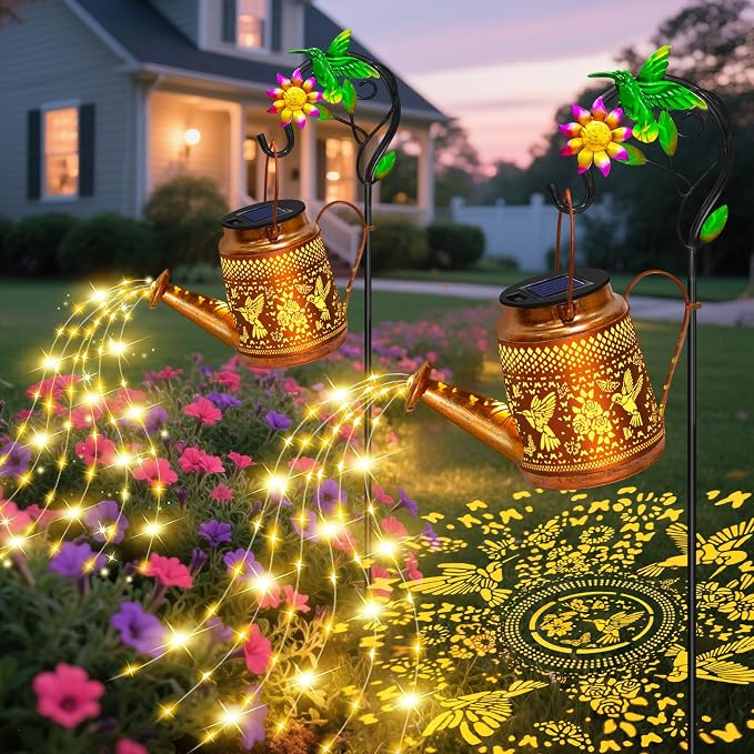 2 Packs Solar Watering Can Lights Hummingbird Garden Decor, Hanging Lanterns by EDOF