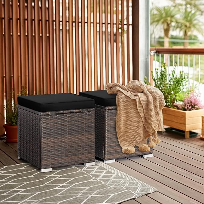 RELAX4LIFE Wicker Outdoor Storage Ottoman, 2-Piece Rattan Footstool w/Removable - Image 2