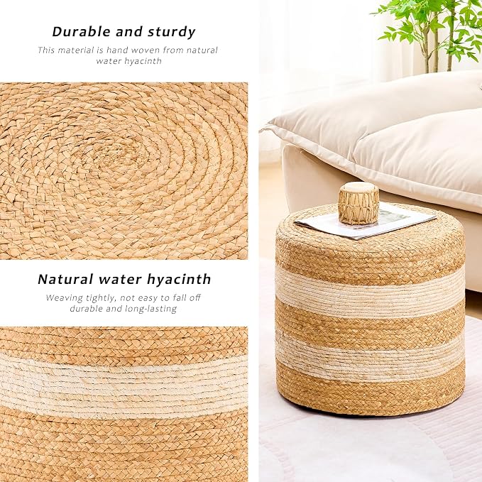 Handwoven Ottoman Pouf, Natural Water Hyacinth Footstool, Round Braided Outdoor - Image 6