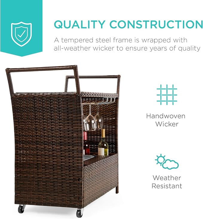 Best Choice Products Outdoor Rolling Wicker Bar Cart w/Removable Ice Bucket - Image 7