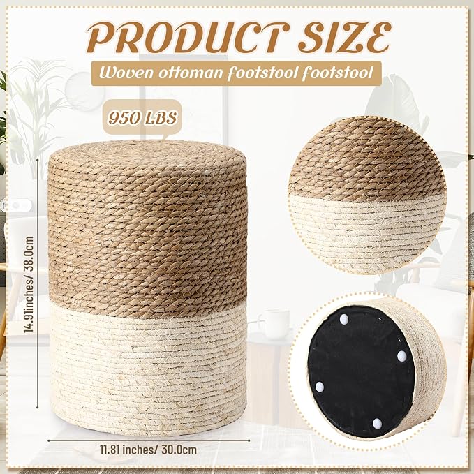 Barydat 2 Pcs 15'' Ottoman Pouf Natural Seagrass Braided Poof Hand Weaving - Image 3