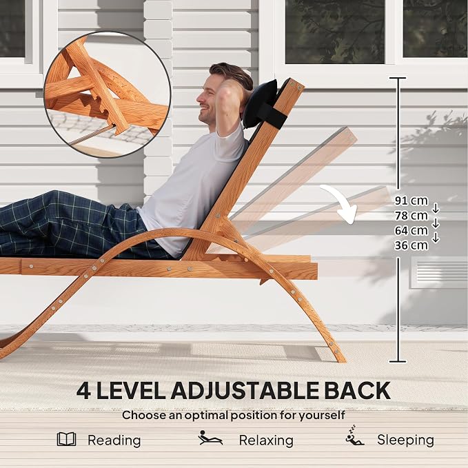 Outsunny Larch Wood Lounge Chair, 4-Level Adjustable Tanning Chair, Full Flat - Image 5