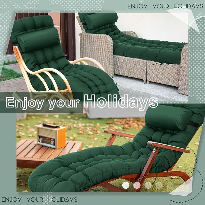 Tudomro 2 Pcs Dark Green 66'' Outdoor Chaise Lounge Cushion Waterproof Patio - Image 6