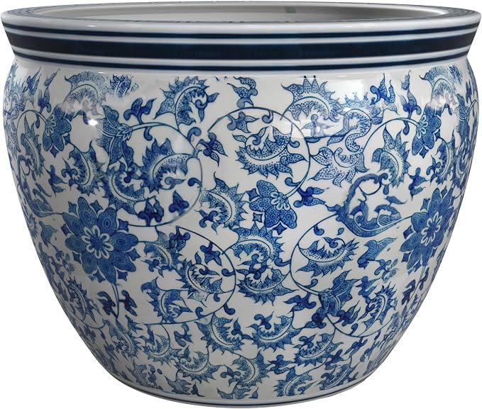 Red Lantern 16" Floral Blue & White Porcelain Fishbowl Planter - Image 7