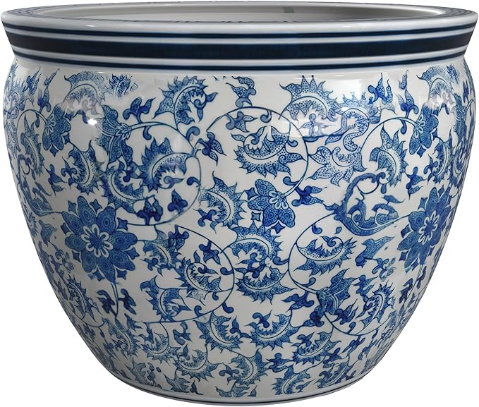 Red Lantern Large 22" Porcelain Fishbowl Blue & White Floral Planter - Image 6