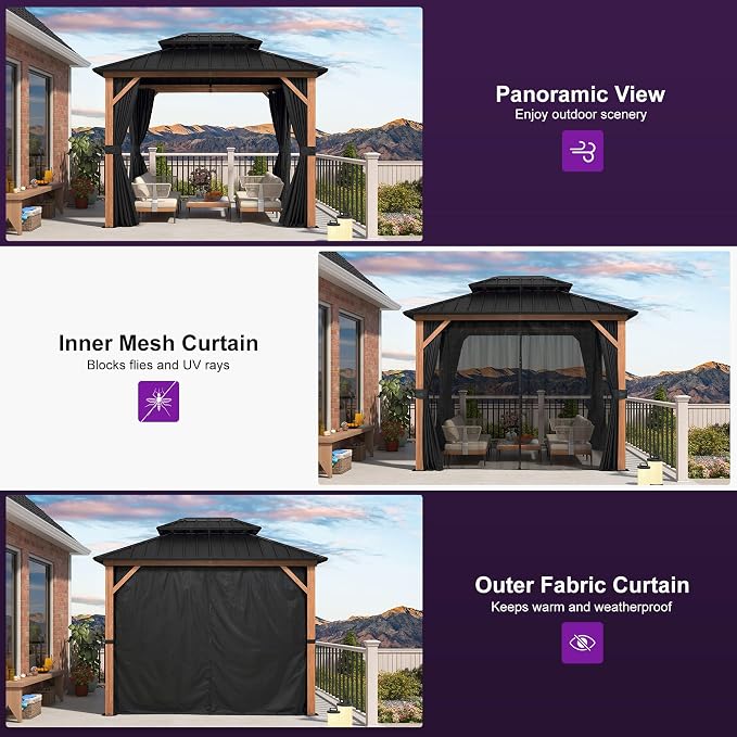PURPLE LEAF 8' X 10' Hardtop Gazebo Outdoor Wood Grain Aluminum Frame - Image 9