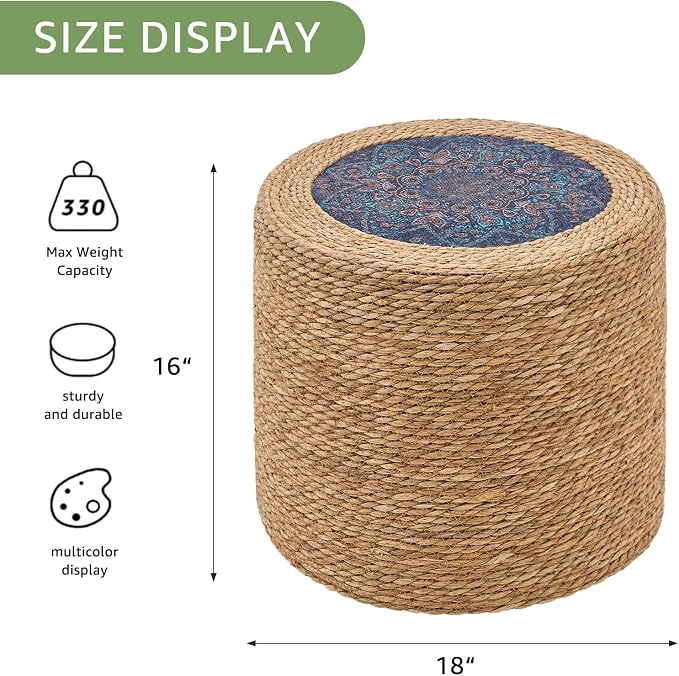 Wimarsbon Round Pouf Ottomans, Handwoven Natural Water Hyacinth Seagrass Pouffe - Image 3