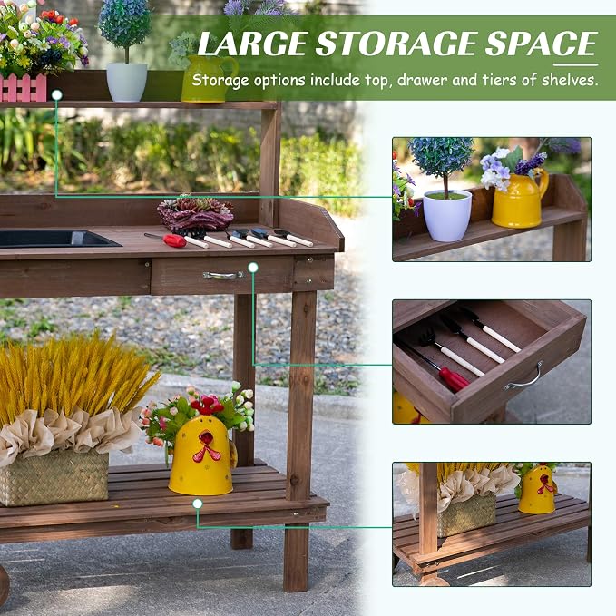 Outsunny 36" Wooden Potting Bench Work Table - Image 3