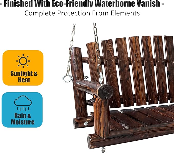 5FT Rustic Log Wooden Porch Swing, Heavy-Duty 900 LBS, Outdoor Hanging Bench - Image 5