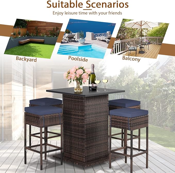 HAPPYGRILL 5 Piece Rattan Bar Set Outdoor Wicker Bar Table and 4 Bar Stools - Image 4