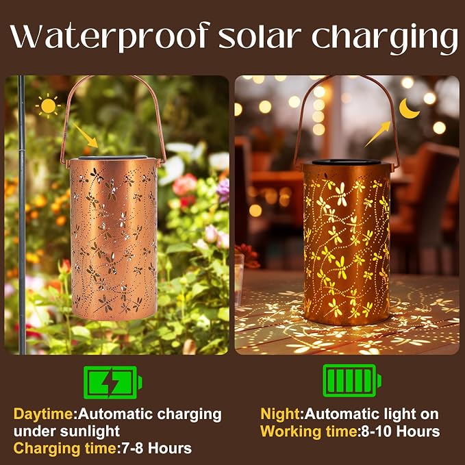 2 Pack Solar Lanterns Outdoor Hanging Lantern Lights, Dragonfly Hollowed-Out - Image 2