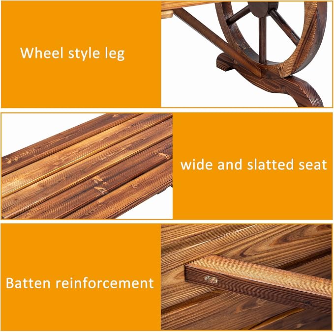 VINGLI Rustic Wooden Wheel Bench Outdoor Bench, Patio Bench Wagon Slatted Seat - Image 5