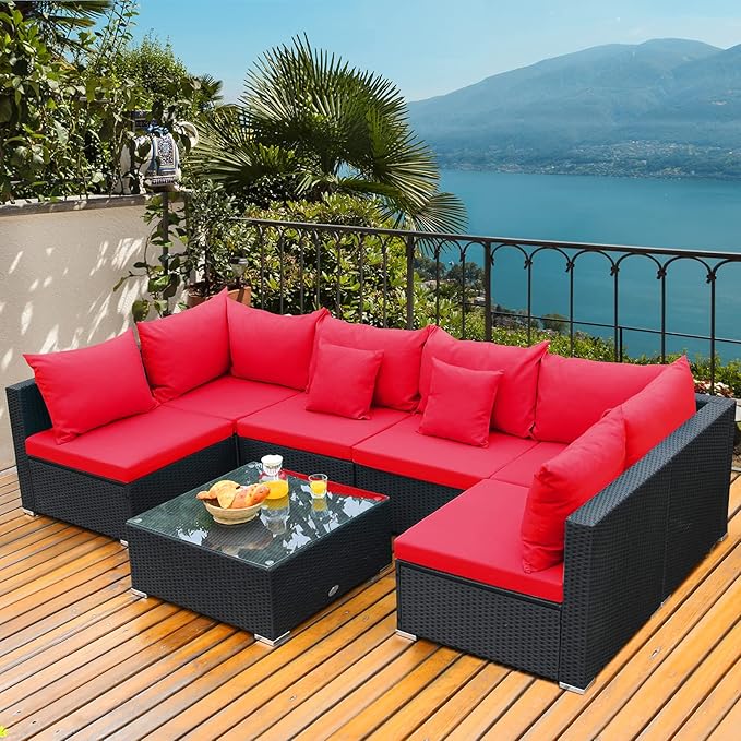 Tangkula 7 Piece Patio Furniture Set, Outdoor Sectional Sofa w/Pillows and by TANGKULA