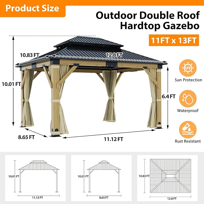 11x13FT Wood Gazebo, Outdoor Wooden Gazebo - Image 7