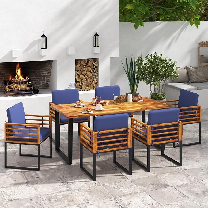Tangkula 7 Piece Patio Dining Set, Acacia Wood Dining Chair & Table Set - Image 4