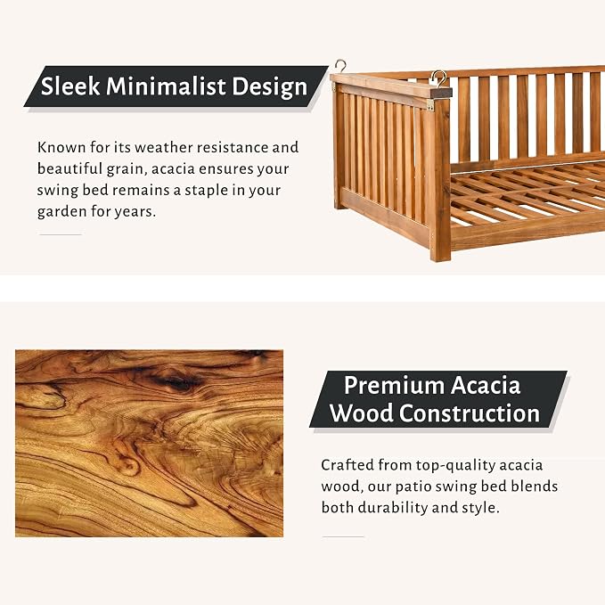 LUMISOL Twin Size Patio Swing Bed, Wooden Porch Swing Frame - Image 5