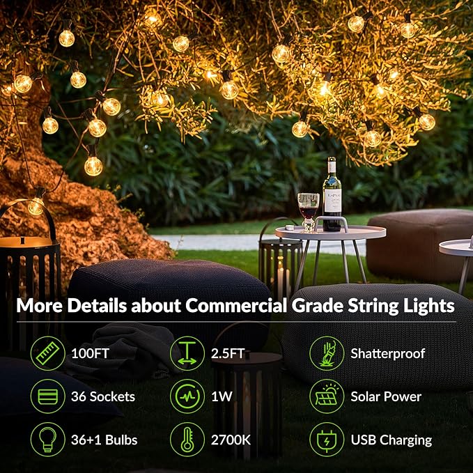Lakumu 100FT G40 Solar String Lights Outdoor Waterproof, Globe Outdoor String - Image 6