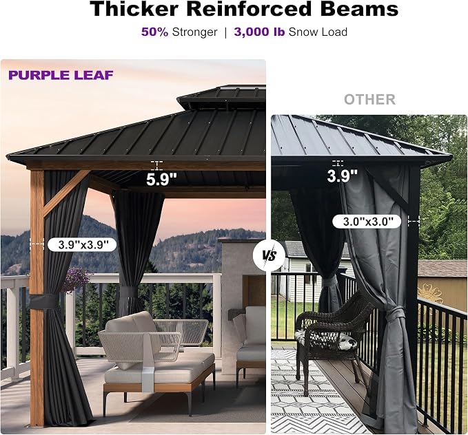 PURPLE LEAF 10' X 16' Hardtop Gazebo Outdoor Wood Grain Aluminum Frame Heavy - Image 3