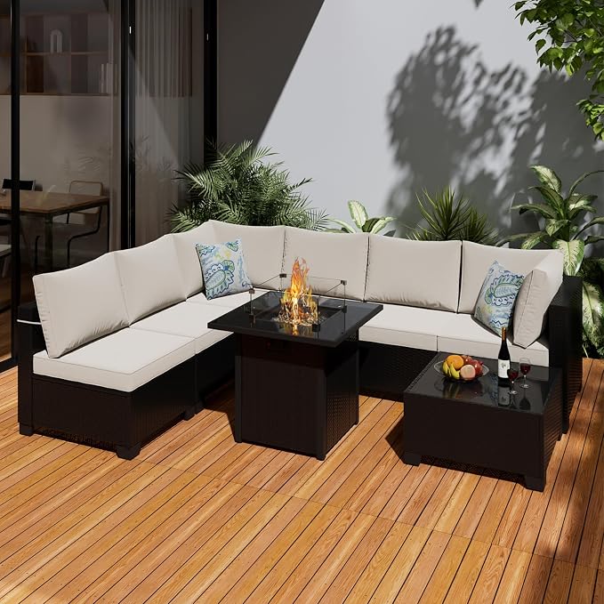 8 Pcs Patio Furniture Set with Fire Pit Table Wicker Outdoor Sectional Sofa - Image 8