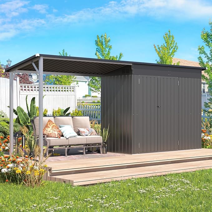 AECOJOY 8x4 FT Outdoor Storage Shed & Hardtop Gazebo Combo, 14x4FT Metal Lean by AECOJOY