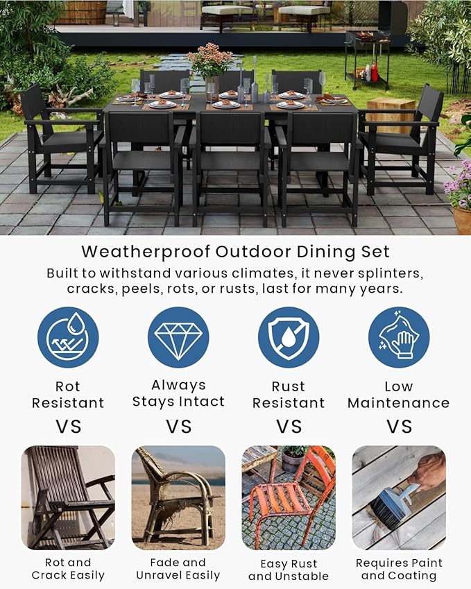9-Piece Outdoor Dining Set, HDPE Weatherproof Patio Table and Chairs Set - Image 3