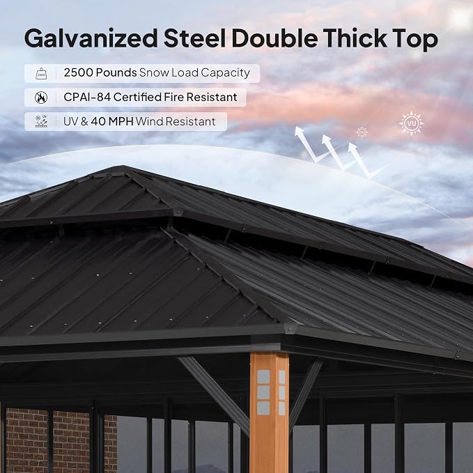PURPLE LEAF 12' X 24' Outdoor Gazebo Wood Grain Entertainment Hardtop Canopy - Image 5