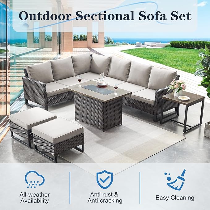Belord Outdoor Sectional Sofa 6 Seater L Shaped Couch Wicker Patio Conversation - Image 5