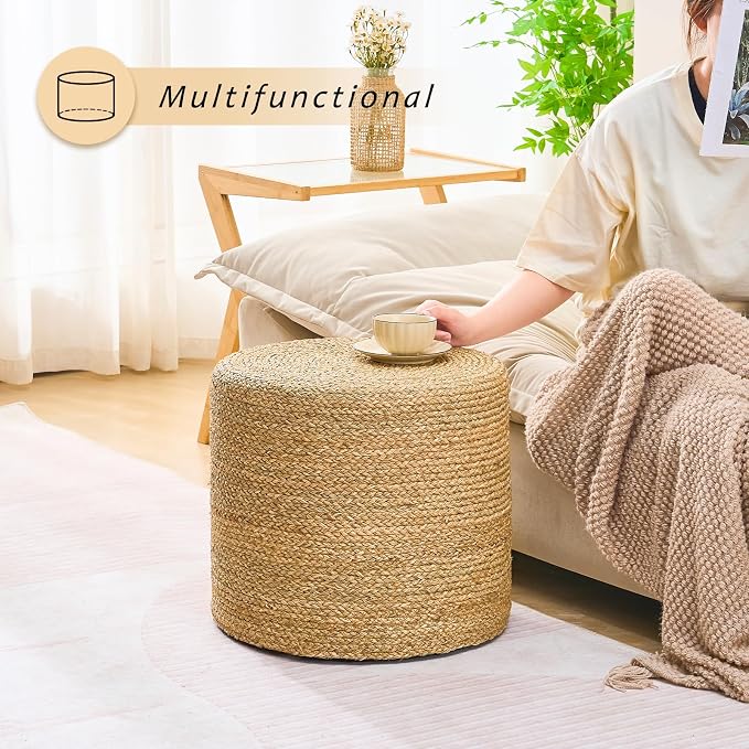 Handwoven Ottoman Pouf, Natural Seagrass Footstool, Round Braided Outdoor Seat - Image 4